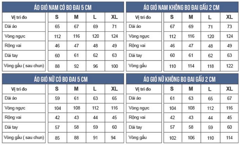 Bảng size may áo khoác
